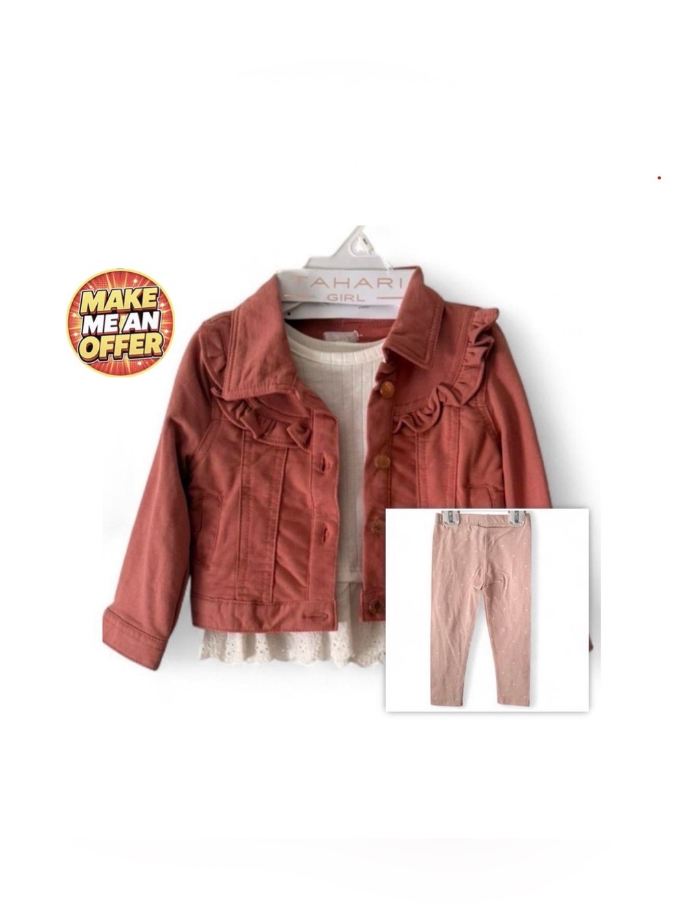 Brand New Tahari Girls Rust-Pink Ruffle Denim Jacket, Shirt & Pants Set - SZ 2T